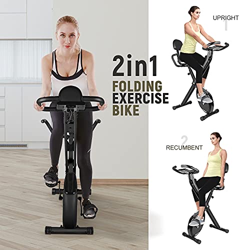 Dskeuzeew Bicicleta estática, vertical y plegable con resistencia magnética/monitor LCD/sensores de pulso, ejercicio de fitness para gimnasio en casa