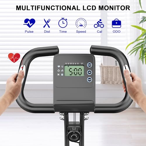 Dskeuzeew Bicicleta estática, vertical y plegable con resistencia magnética/monitor LCD/sensores de pulso, ejercicio de fitness para gimnasio en casa