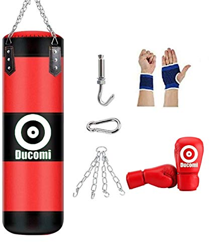 Ducomi Rocky Saco de Boxeo para Colgar en el Techo, Kit de Boxeo, Kick Boxing, Fitboxe Saco Vacío, Guantes, Banda de Mano, Muñeca, Kit de Montaje, Entrenamiento en Casa, Gimnasio, Muay Thai (120 cm)