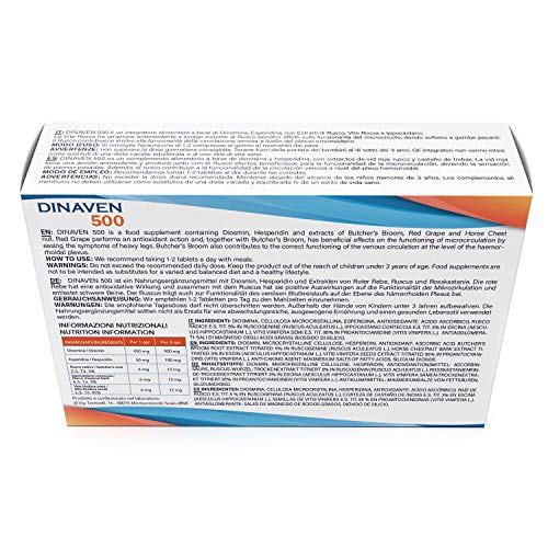 Dulàc Suplemento para Hemorroides y Microcirculación con Diosmina Hesperidina 500 mg, Vid Roja y Flavonoides, 60 comprimidos para Varices, Piernas Hinchadas, Capilares Rotos - Dinaven 500