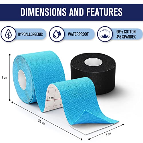 Dyroe Cinta de Kinesiología Tape,Set 2 Rollos 5 m x 5 cm Azul y Negro,Cinta deportiva elástica terapéutica para hombros, rodilla, codo, alivio del dolor, sin látex, resistente al agua, transpirable