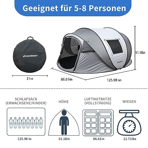 EchoSmile Tienda de Campaña Instantánea Automática, 5-8 Personas, Pop up, Tienda Familiar Impermeable con 2 Ventanas Malla de Ventilación para Camping, Senderismo, Actividades al Aire Libre