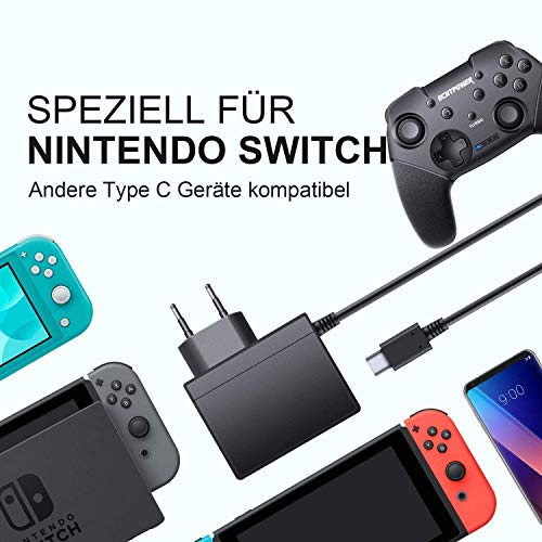 ECHTPower Cargador Nintendo Switch, Adaptador de Corriente de Carga Rápida USB Tipo C, Compatible con Modo TV/Switch Lite/Otros Dispositivos de Tipo1 C (1,5M)