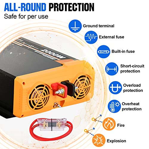 ECO-WORTHY Inversor Solar de 2000W, 12Vdc-230Vac, Inversor de Onda Sinusoidal Pura para Sistema Solar Puerto USB Dual Incorporado de 18 W, 2*Tomas de CA, terminales 1*Cableado y Fusible de 1 * 100A