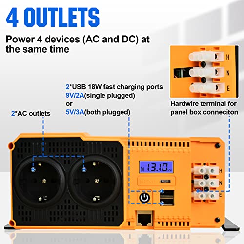 ECO-WORTHY Inversor Solar de 2000W, 12Vdc-230Vac, Inversor de Onda Sinusoidal Pura para Sistema Solar Puerto USB Dual Incorporado de 18 W, 2*Tomas de CA, terminales 1*Cableado y Fusible de 1 * 100A