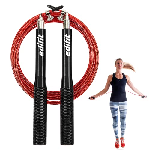 EDIFIT Comba Crossfit, Cuerda Saltar, 3 Metros, Mango de 165 mm, Regulable, para Hombre y Mujer, Ejercicio en Casa, Fitness, Boxeo, Entrenamiento (Rojo y Negro)