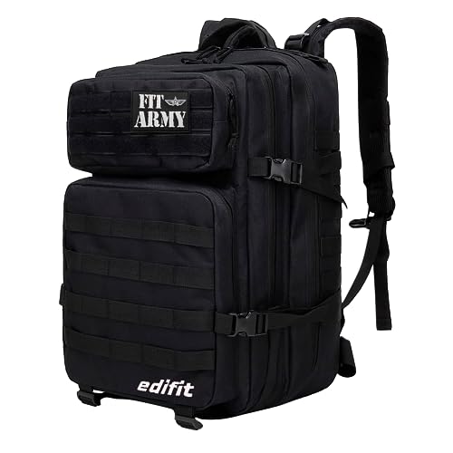 EDIFIT, Mochila Crossfit, 45L, Militar, Tactica, para Gimnasio, Senderismo, Acampada o Supervivencia, Unisex, Resistente, con Multiples Bolsillos (Full Black)