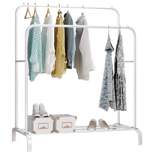 edihome, Burro Ropa, Perchero Colgador de Ropa, Doble, Vestidor, 110X150X54 cm, Resistente, Metálico, con Soporte para Zapatos, Organizador, Montaje Fácil (Blanco)