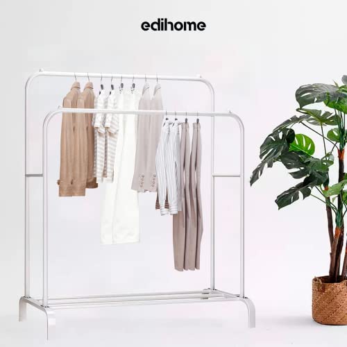 edihome, Burro Ropa, Perchero Colgador de Ropa, Doble, Vestidor, 110X150X54 cm, Resistente, Metálico, con Soporte para Zapatos, Organizador, Montaje Fácil (Blanco)