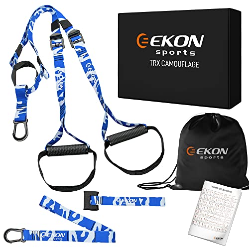 Ekon Sports Trx Fitness Entrenamiento En Suspensión | Kit Correas Suspension Training | Bandas Trx Gimnasio & Home | Trx Elástico Fitness Suspensión (Azul Camuflaje)