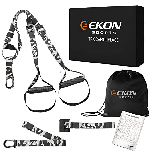 Ekon Sports TRX Fitness Entrenamiento en Suspensión | Kit Correas Suspension Training | Bandas TRX Gimnasio & Home | TRX Elástico Fitness Suspensión (Negro Camuflaje)