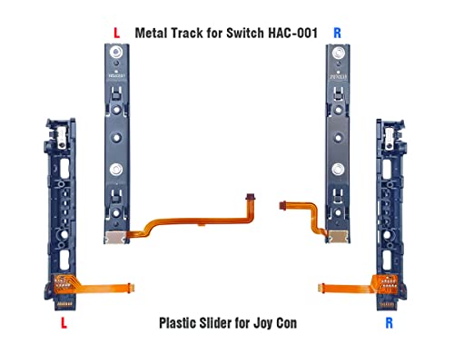 ElecGear Reemplazo de Riel Deslizante para Switch HAC-001 y Mando Joy-con, Carril Metálico L/R para Switch y Barra Deslizante de Plástico para Controlador Joy con, Herramienta de Reparación incluida