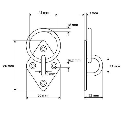 Elemento de fijación de acero inoxidable con tornillos y tacos – Placa de ojo con anilla – Soporte/fijación para entrenamiento con poleas, hamacas, yoga aéreo o toldo