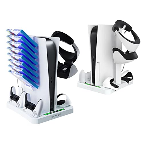 EMEBAY Soporte y Estación de Carga compatibles con P-S5 y PS VR2, Soporte de Ventilador de Enfriamiento 3 en 1 con Cargador de Controlador para Play*Station 5 / Soporte de Auriculares PS VR2