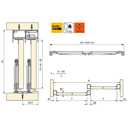 EMUCA - Sistema corredero para Armario 2 Puertas Rodadura Inferior, Espesor 16 mm, Cierre Suave, tableros no incluidos, perfiles Aluminio, Anodizado Mate