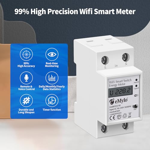 eMylo Medidor de energía Wifi inteligente Medidor de electricidad de riel DIN de 35mm monofásico 60A 90-250V Medidor eléctrico de Wifi con pantalla LCD digital Amperímetro kWh Potencia Monitor Metro