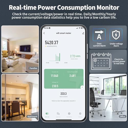 eMylo Medidor de energía Wifi inteligente Medidor de electricidad de riel DIN de 35mm monofásico 60A 90-250V Medidor eléctrico de Wifi con pantalla LCD digital Amperímetro kWh Potencia Monitor Metro