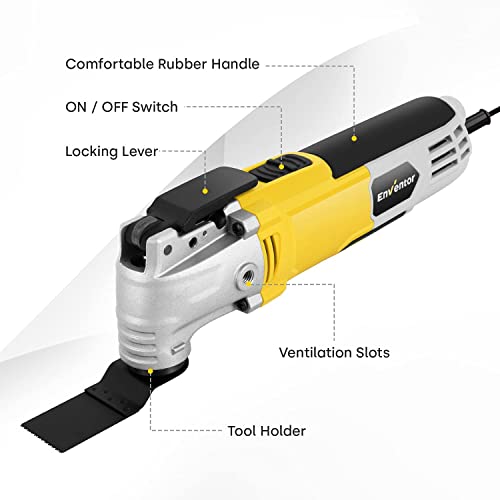 ENVENTOR 300W Multiherramienta Oscilante, Herramientas Oscilantes con 6 Velocidades, 15000-22000RPM, 28 Accesorios, Herramienta Multifunción para Cortar, Lijar, Raspar, Serrar y Tronzar