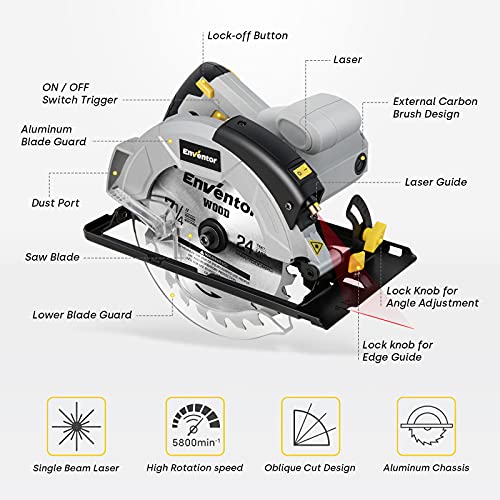 ENVENTOR Sierra Circular 1200W, Sierra Circular de Mano 5800RPM, 2 Hojas de Sierra de 24T+40T(Ø185mm), Corte 62mm(90°)/42mm(45°), Guía Láser, para Cortar Madera, Metal Blando, Plástico