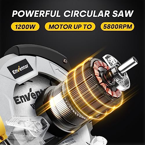 ENVENTOR Sierra Circular 1200W, Sierra Circular de Mano 5800RPM, 2 Hojas de Sierra de 24T+40T(Ø185mm), Corte 62mm(90°)/42mm(45°), Guía Láser, para Cortar Madera, Metal Blando, Plástico