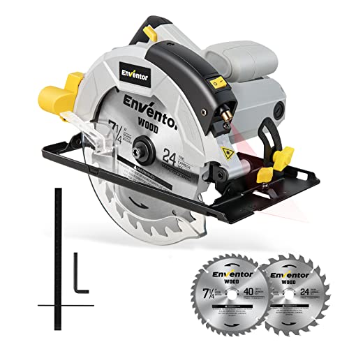 ENVENTOR Sierra Circular 1200W, Sierra Circular de Mano 5800RPM, 2 Hojas de Sierra de 24T+40T(Ø185mm), Corte 62mm(90°)/42mm(45°), Guía Láser, para Cortar Madera, Metal Blando, Plástico