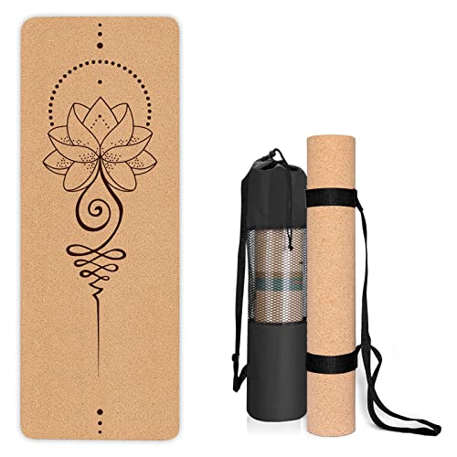 Esterilla de Yoga de Corcho Antideslizante - Alfombra para Entrenamiento de Gimnasia,sin sustancias nocivas, para Yoga y Pilates - Colchoneta de 183 x 61 x 0.4CM-con Correa de Transporte-Loto 1