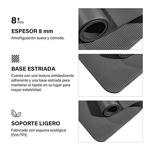 Esterilla Deporte Yoga Pilates Fitness Colchoneta Gimnasia Antideslizante,alfombras yoga NBR Alta Densidad Gruesa 8mm Diseñada para Pilates y Entrenamiento.(8MM-NEGRO)