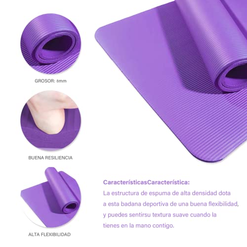 Esterilla Deporte Yoga Pilates Fitness Colchoneta Gimnasia Antideslizante,alfombras yoga NBR Alta Densidad Gruesa 8mm Diseñada para Pilates y Entrenamiento (8MM-MORADO)