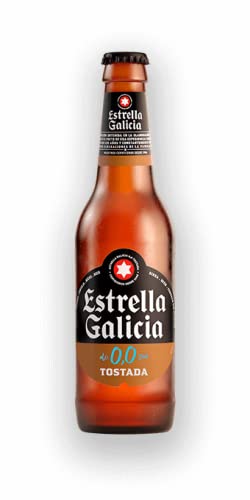 Estrella Galicia 0,0 Tostada - Cerveza Lager sin Alcohol, Pack de 24 Botellines x 25 cl, Sabor y Aroma Tostado y Equilibrado, 0% Volumen de Alcohol