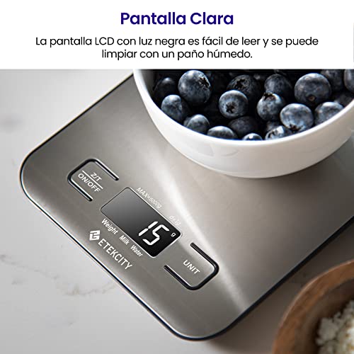 Etekcity EK6015, Báscula de Cocina Digital de Acero Inoxidable, Balanza Cocina de Alta Precisión 5 kg/ 11 lbs, Peso Cocina con Pantalla LCD, Multifuncional, 2 Baterías Incluidas