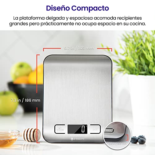 Etekcity EK6015, Báscula de Cocina Digital de Acero Inoxidable, Balanza Cocina de Alta Precisión 5 kg/ 11 lbs, Peso Cocina con Pantalla LCD, Multifuncional, 2 Baterías Incluidas