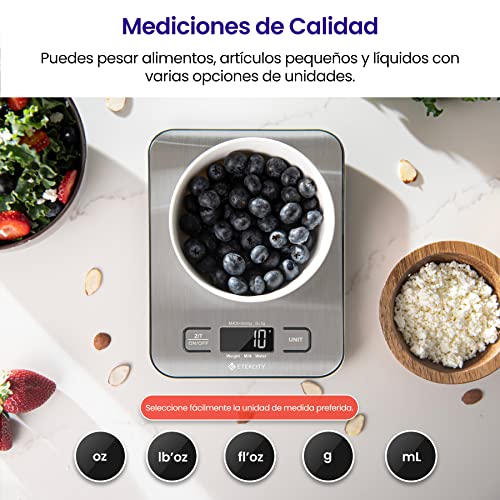 Etekcity EK6015, Báscula de Cocina Digital de Acero Inoxidable, Balanza Cocina de Alta Precisión 5 kg/ 11 lbs, Peso Cocina con Pantalla LCD, Multifuncional, 2 Baterías Incluidas