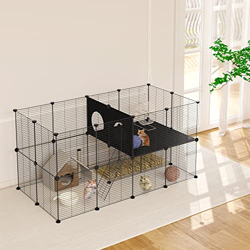 EUGAD Recinto para Conejos de 2 Pisos, Jaula Modular de Malla Metálica para Cobayas, Gatitos, Cachorros, Parque para Animales con 2 Escaleras, 35x35 cm/Panel, Negro 145x75x75cm 0048WL