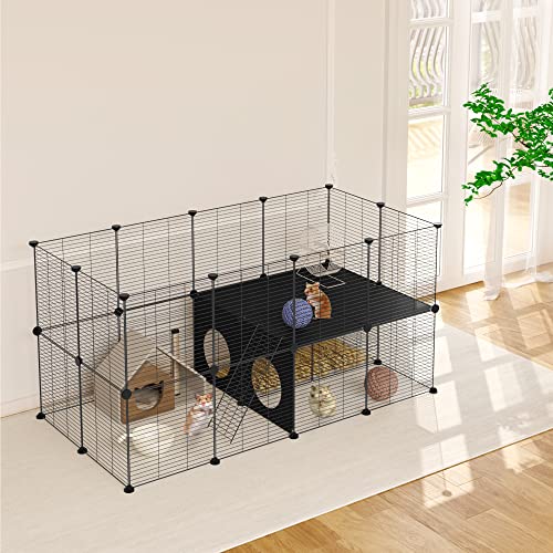 EUGAD Recinto para Conejos de 2 Pisos, Jaula Modular de Malla Metálica para Cobayas, Gatitos, Cachorros, Parque para Animales con 2 Escaleras, 35x35 cm/Panel, Negro 145x75x75cm 0048WL