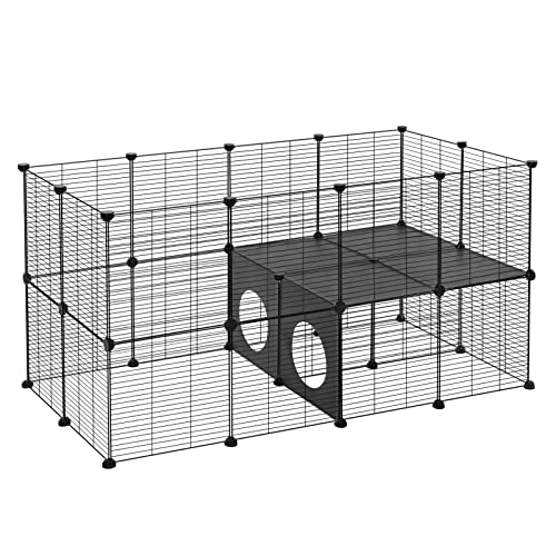 EUGAD Recinto para Conejos de 2 Pisos, Jaula Modular de Malla Metálica para Cobayas, Gatitos, Cachorros, Parque para Animales con 2 Escaleras, 35x35 cm/Panel, Negro 145x75x75cm 0048WL