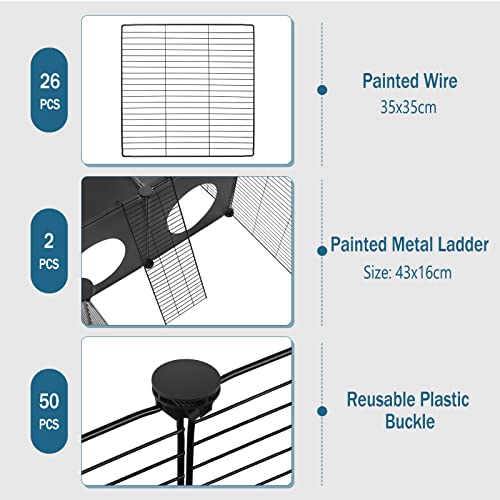 EUGAD Recinto para Conejos de 2 Pisos, Jaula Modular de Malla Metálica para Cobayas, Gatitos, Cachorros, Parque para Animales con 2 Escaleras, 35x35 cm/Panel, Negro 145x75x75cm 0048WL