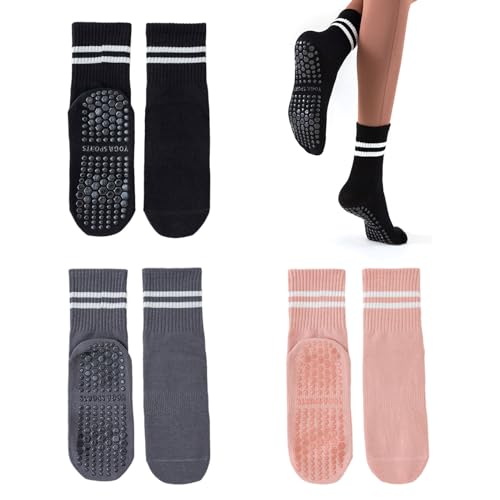 EUPSIIU 3 Pares Calcetines Yoga Antideslizantes Pilates de Calcetines Mujer Algodón Ballet Antideslizantes Calcetines Calcetines Deportivos para Yoga Fitness Ballet Pilates (3 Colores)