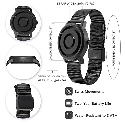 EUTOUR Reloj Magnetico Hombre Cuarzo Sin Vidrio Rodamiento de Bolas Relojes de Pulsera para Hombres con Correa de Acero Inoxidable Negro