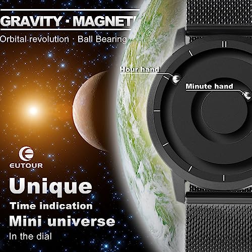 EUTOUR Reloj Magnetico Hombre Cuarzo Sin Vidrio Rodamiento de Bolas Relojes de Pulsera para Hombres con Correa de Acero Inoxidable Negro