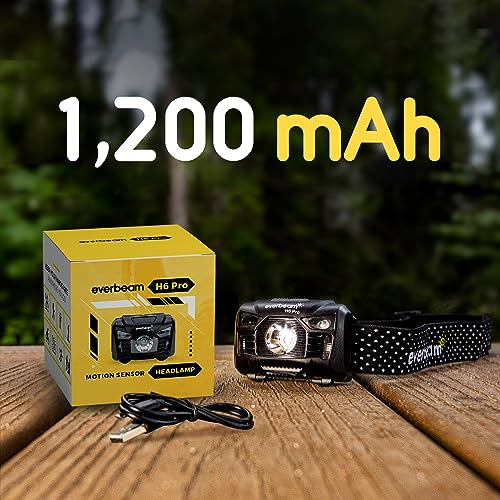 Everbeam Linterna Frontal Led de Cabeza H6 Pro, Control de Sensor de Movimiento, 650 Lúmenes, Dura 30hs, Batería 1200mAh con Carga por USB, Recargable, a Prueba de Agua, Camping, Senderismo, Pesca