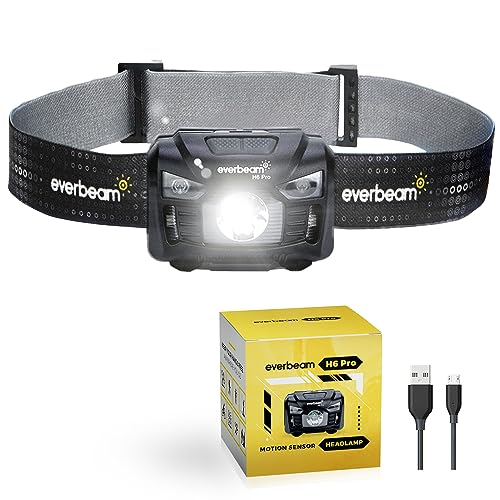 Everbeam Linterna Frontal Led de Cabeza H6 Pro, Control de Sensor de Movimiento, 650 Lúmenes, Dura 30hs, Batería 1200mAh con Carga por USB, Recargable, a Prueba de Agua, Camping, Senderismo, Pesca