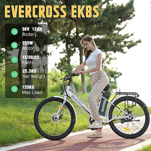 EVERCROSS EK8S Bicicleta Eléctrica Adultos, 26'’ E-Bike con pedaleo asistido - Motor 250W, Batería 36V 12AH, 15/20/25 KM/H, 120KG Carga Máxima, Bici Eléctricas de Montaña para Mujeres Hombres