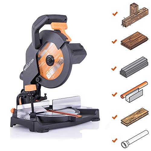 Evolution Power Tools R210CMS Multimaterial Sierra Ingletadora - Corta acero dulce, aluminio, plástico, madera con clavos incrustados, 210 mm