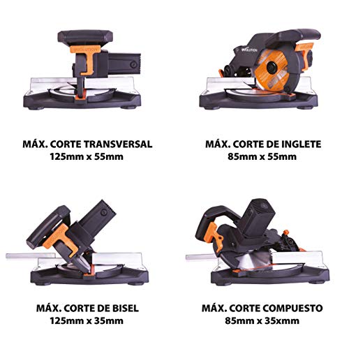 Evolution Power Tools R210CMS Multimaterial Sierra Ingletadora - Corta acero dulce, aluminio, plástico, madera con clavos incrustados, 210 mm