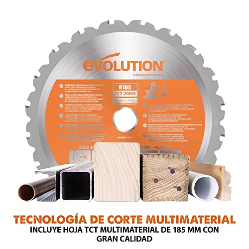 Evolution Sierra ingletadora de Evolution Power Tools con corte multimaterial, Incluye hoja TCT de 185 mm.