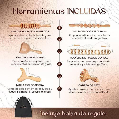 Ezero Maderoterapia Kit Maderoterapia Corporal 6 Piezas - Masajeador Anticelulitico, Rodillo Masaje Muscular, Ventosa Celulitis, Masajeador Celulitis Piernas Y Gluteos, Maderoterapia Celulitis