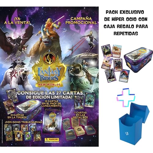 Fantasy Riders Cartas Caja metálica Tin Box 2023 New Worlds - Juego de Mesa de cromos de Panini - Caja de Metal Lata con 50 Cartas - 10 exclusivas Plateadas con Regalo Caja para repetidas