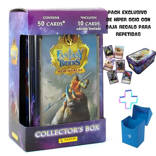 Fantasy Riders Cartas Caja metálica Tin Box 2023 New Worlds - Juego de Mesa de cromos de Panini - Caja de Metal Lata con 50 Cartas - 10 exclusivas Plateadas con Regalo Caja para repetidas