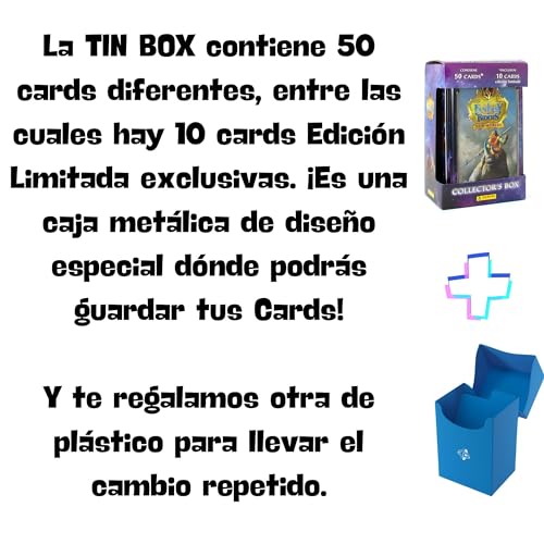 Fantasy Riders Cartas Caja metálica Tin Box 2023 New Worlds - Juego de Mesa de cromos de Panini - Caja de Metal Lata con 50 Cartas - 10 exclusivas Plateadas con Regalo Caja para repetidas