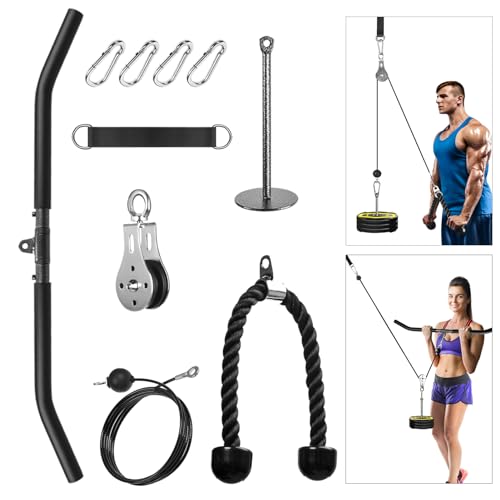 FASPUP Poleas Gimnasio para Casa, Fitness DIY Sistema de Polea Cable Máquina de Musculacion Accesorio de Entrenamiento para Máquinas de Brazo (Set con Cuerda de tríceps, Barra polea)